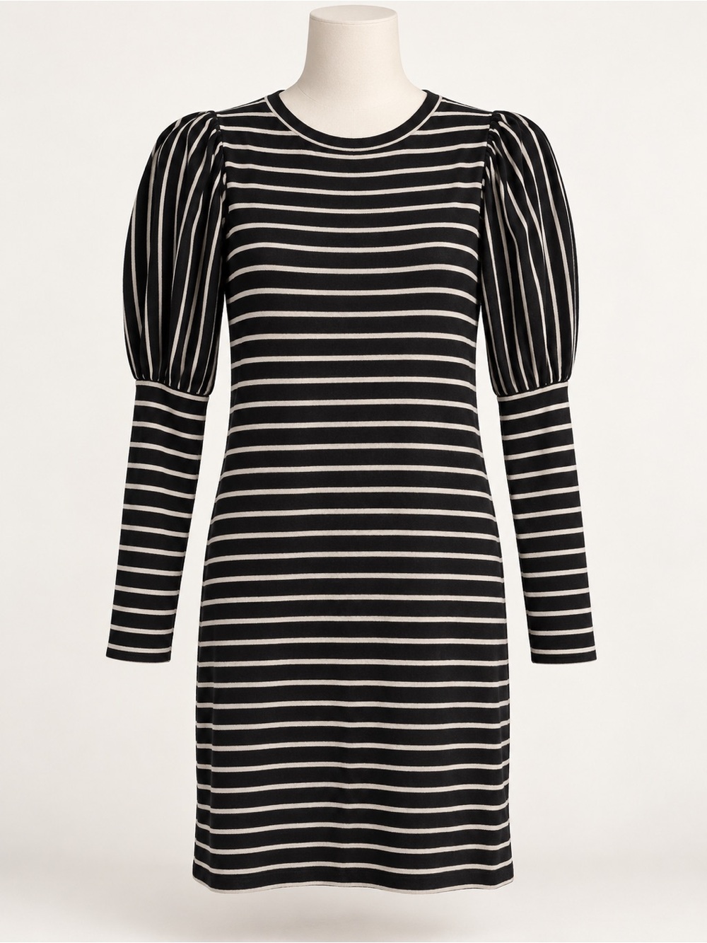 Zara Black and White Striped Puff-Sleeve Long Sleeve Dress